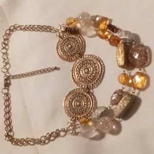 Layered Statement necklace gold tone crystals and beaded 16 -18- 20 + 4 in.